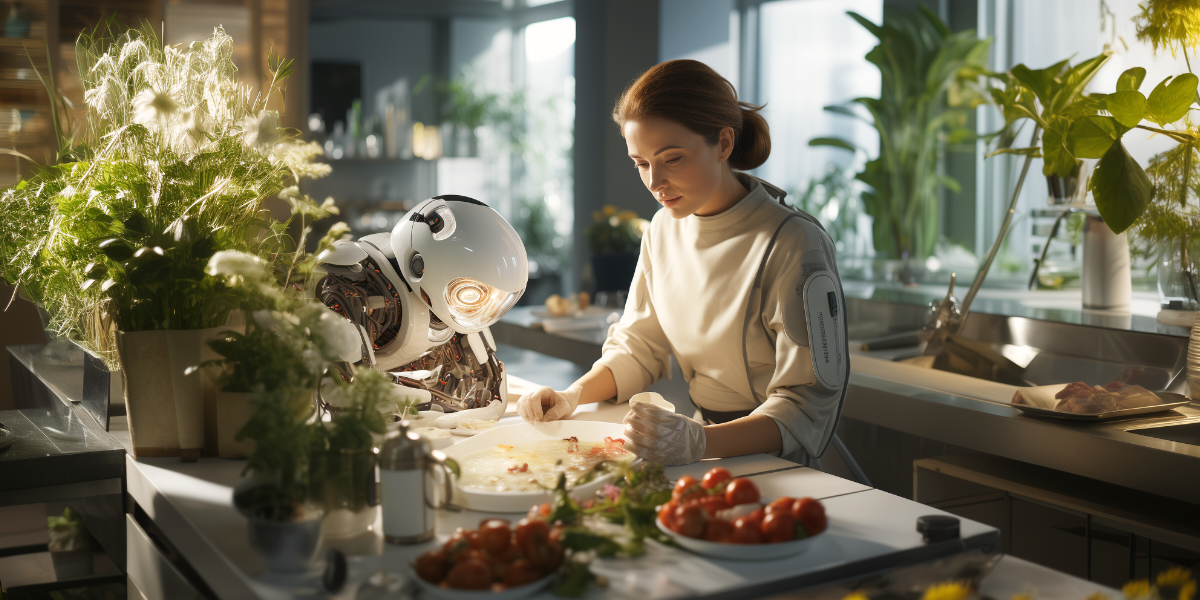 chef preparing a dish in a kitchen with a robot assistant observing and learning in the background.